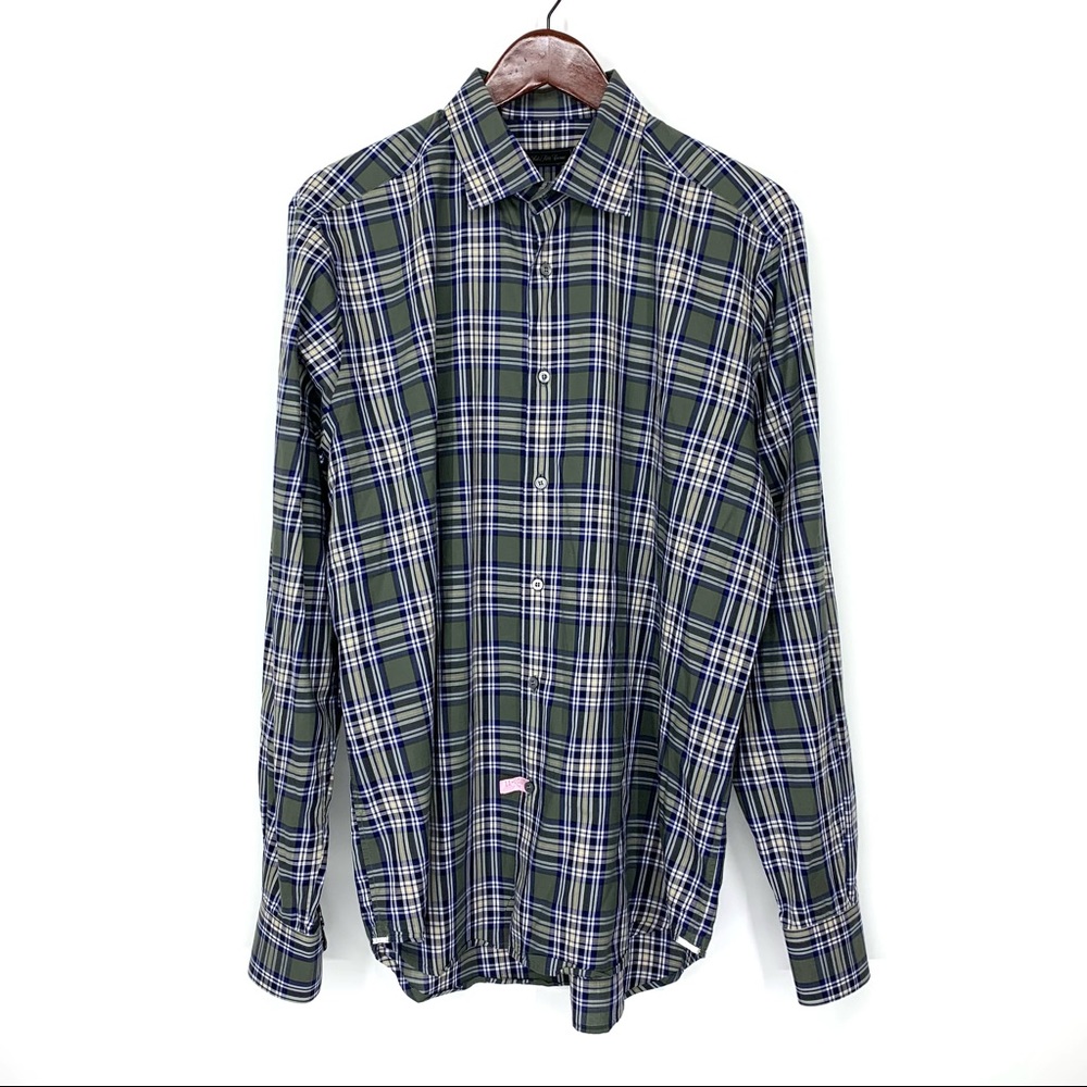 Saks Fifth Avenue Black Label Green Blue Plaid Button Up Casual Dress Shirt Lg
